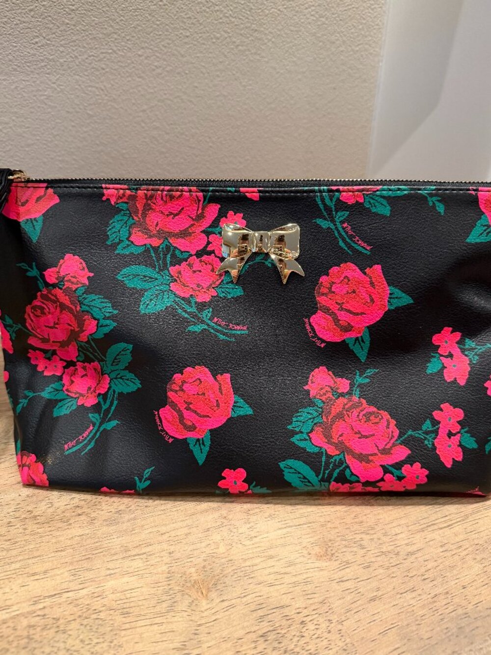 Betsey Johnson Black Floral Rose Bow Cosmetic Bag Pouch